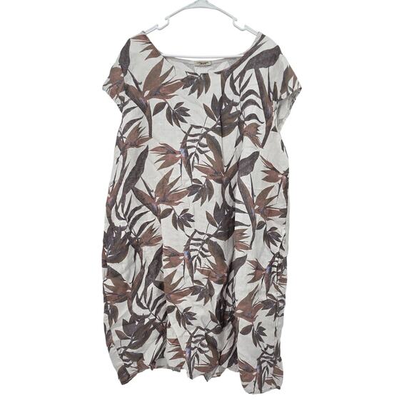 LUNGO L'ARNO 3X MADE IN ITALY LINEN TROPICAL PRINT CAP SLEEVE MIDI DRESS - Picture 1 of 6